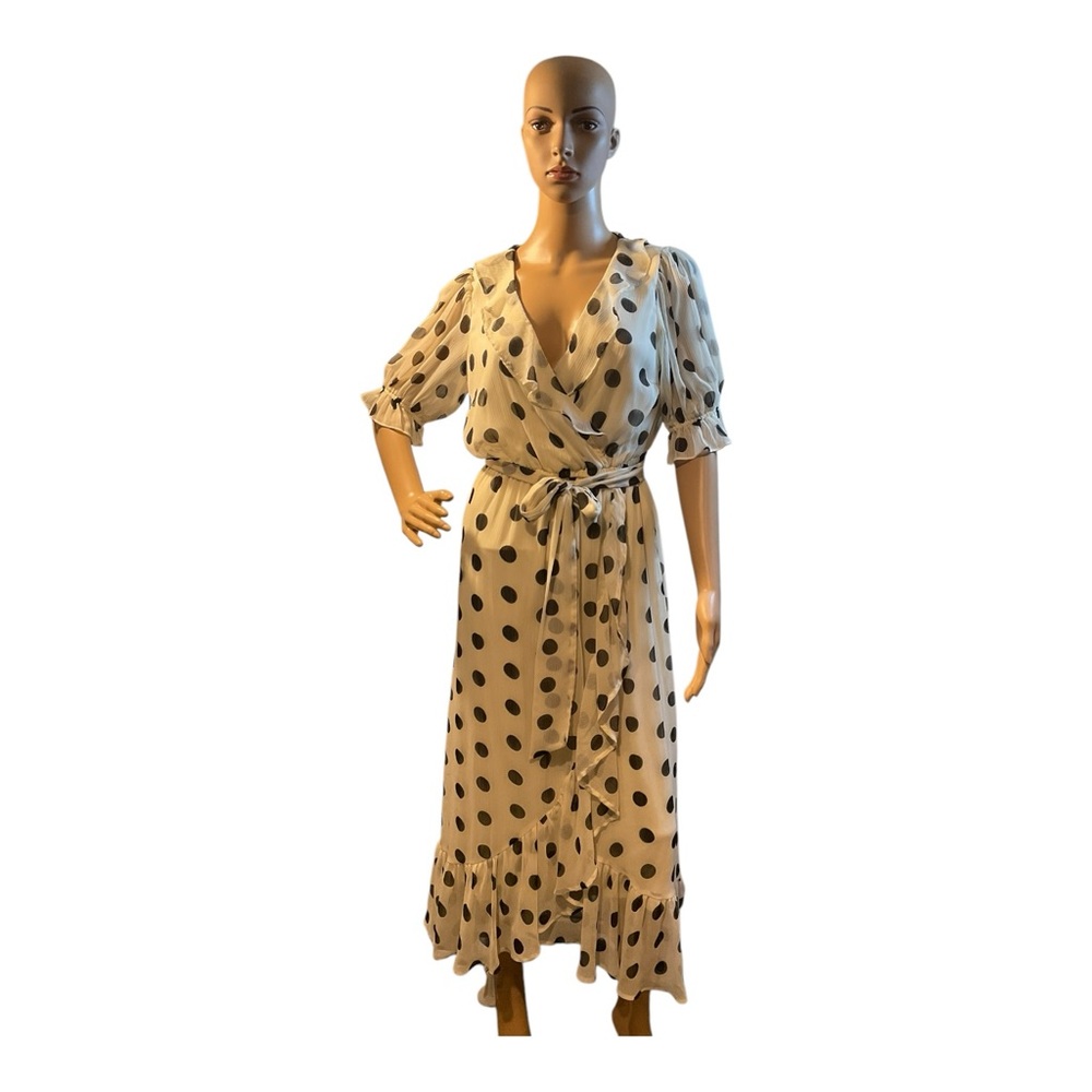LAUREN CONRAD Women’s Polka dot ruffle faux wrap Beige Black Dots Dress Size S